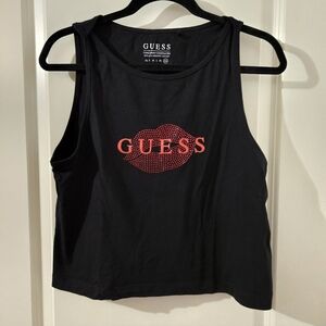 Black Guess Tank Top with Rhinestone Lips